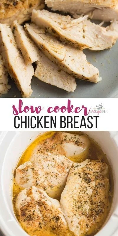 Slow cooker chicken breast served in a bowl with vegetables.