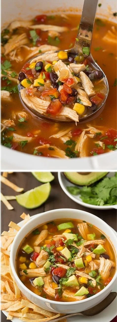 Bowl of slow cooker chicken tortilla soup garnished with tortilla strips and cilantro
