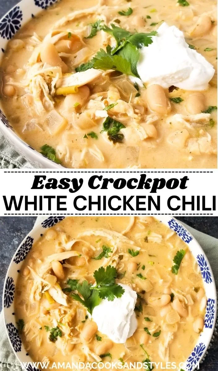 Bowl of slow cooker creamy white chicken chili topped with cilantro and cheese