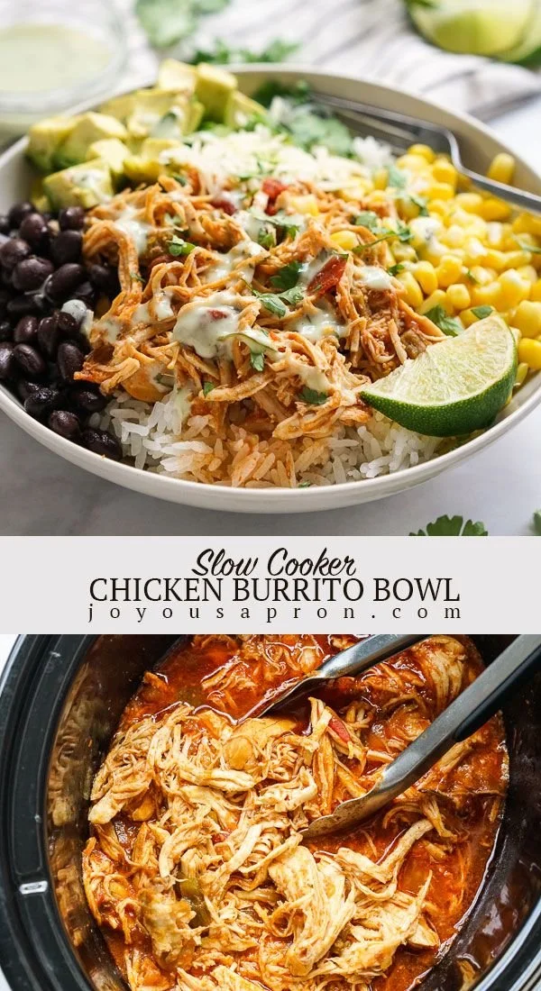 Slow cooker chicken burrito bowl topped with fresh ingredients.