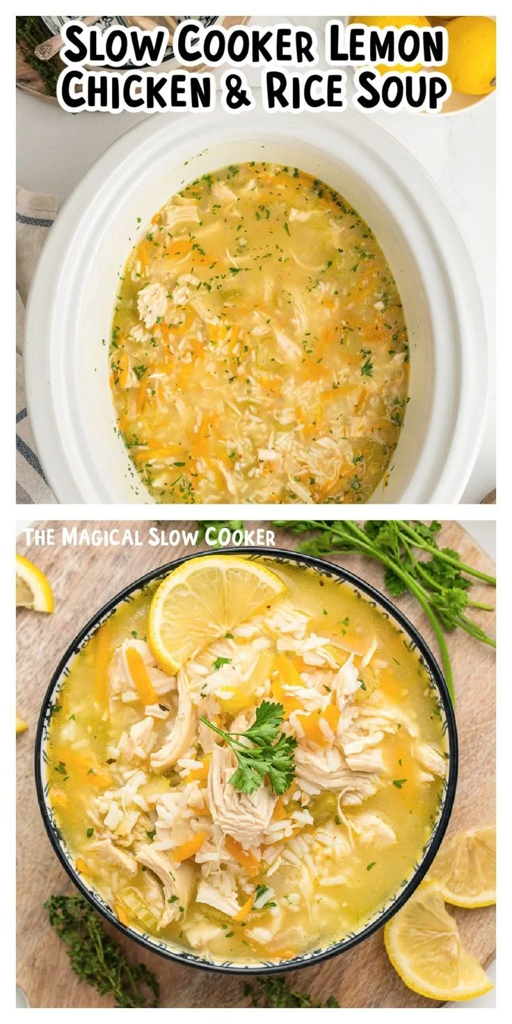 Bowl of Slow Cooker Lemon Chicken and Rice Soup with herbs and a lemon slice