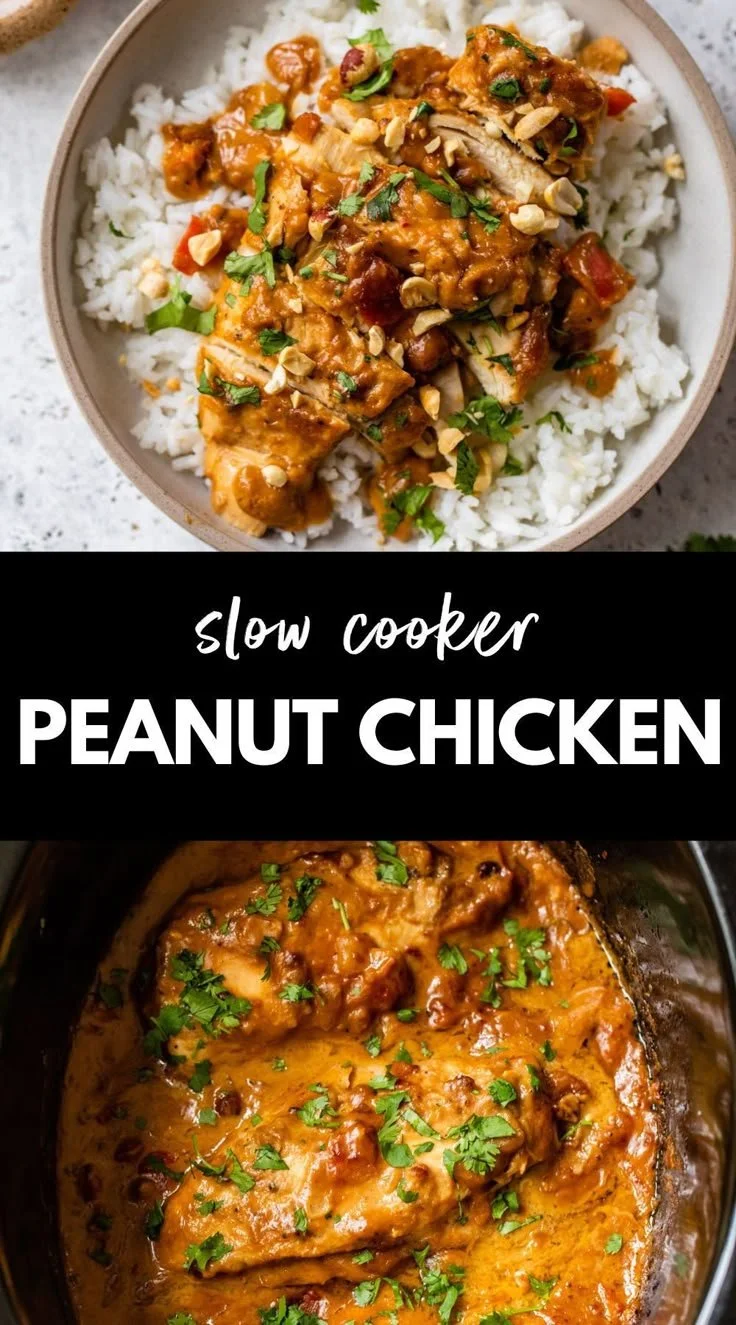 Delicious Slow Cooker Peanut Chicken served with rice and vegetables.