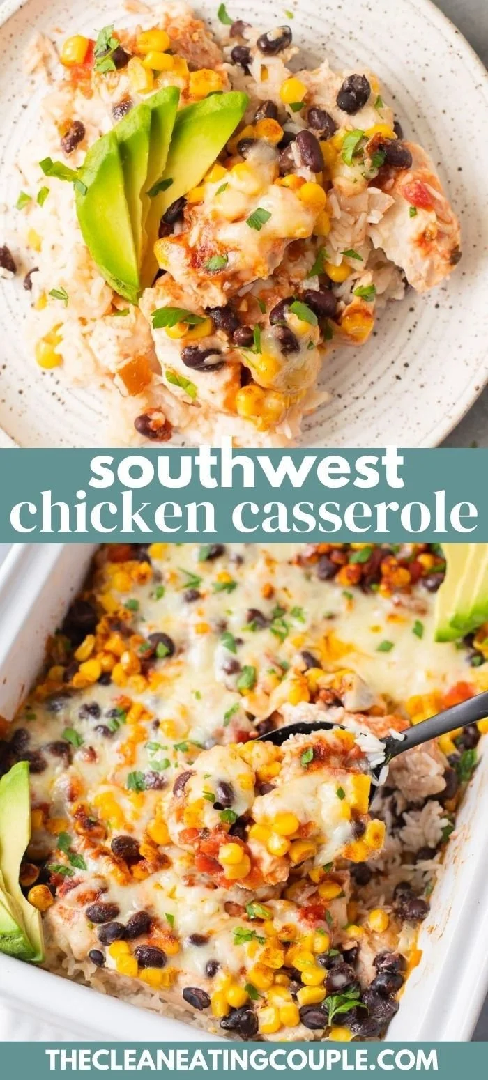 Southwest Chicken Casserole topped with melted cheese and fresh herbs