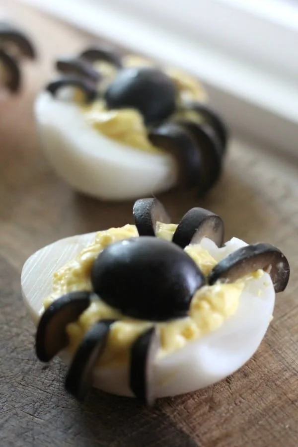 Spider Deviled Eggs decorated for Halloween