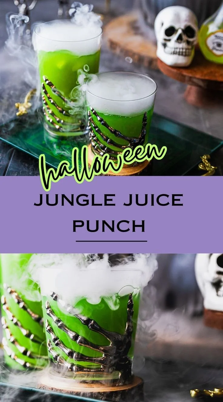 Colorful Halloween Jungle Juice in spooky themed glasses for a festive party