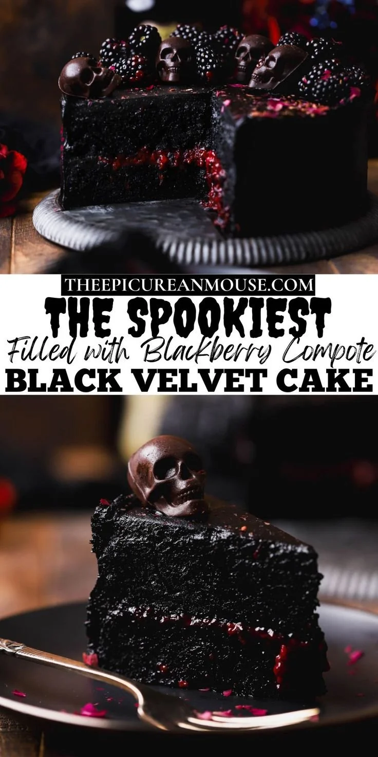 Spooky Black Velvet Halloween Cake decorated for Halloween