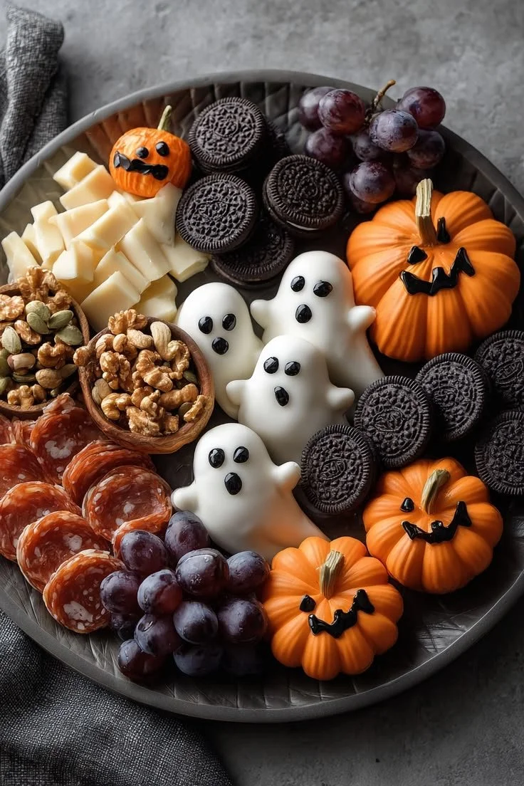 Spooky Halloween charcuterie board with ghost-shaped cheese and pumpkin decorations