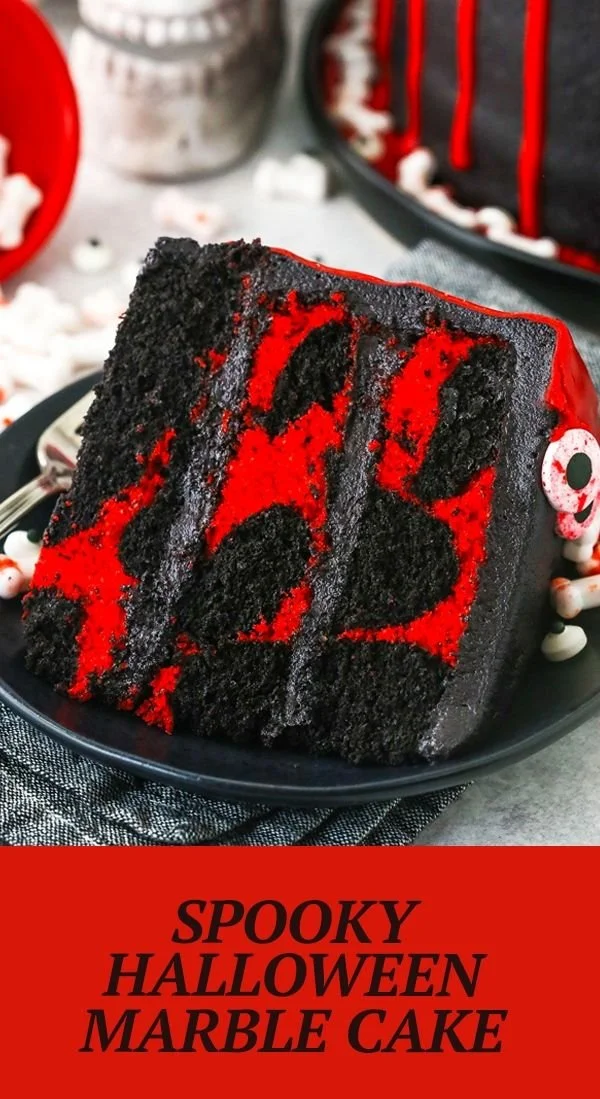 Spooky Halloween Marble Cake decorated with seasonal themes and colors.