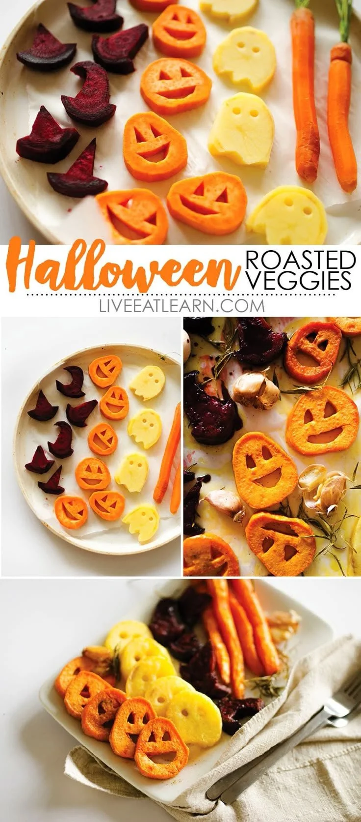 Colorful Halloween roasted veggies served in a festive themed bowl.