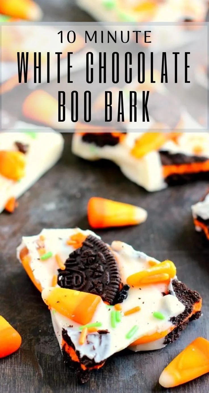 Spooky White Chocolate Boo Bark for Halloween, delightful candy treat recipe