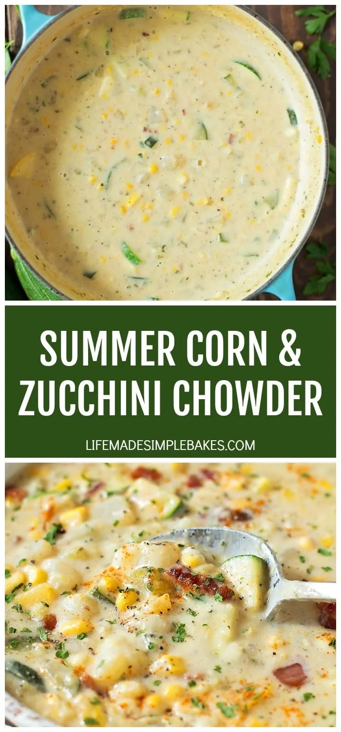 Delicious summer corn and zucchini chowder in a bowl, garnished with herbs.
