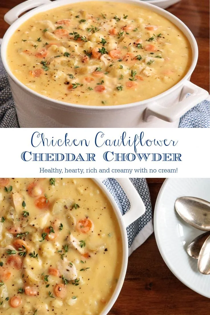 Creamy chicken chowder served in a bowl with fresh herbs on top
