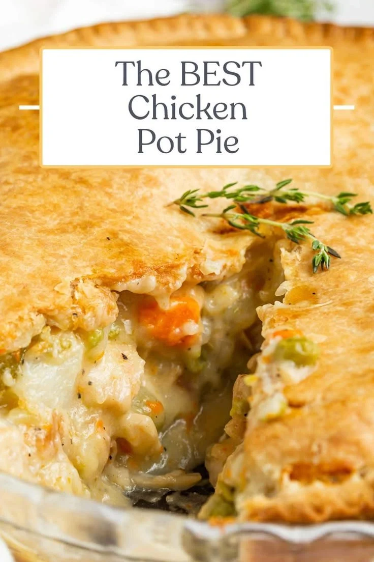 Delicious homemade chicken pot pie with puff pastry crust fresh out of the oven