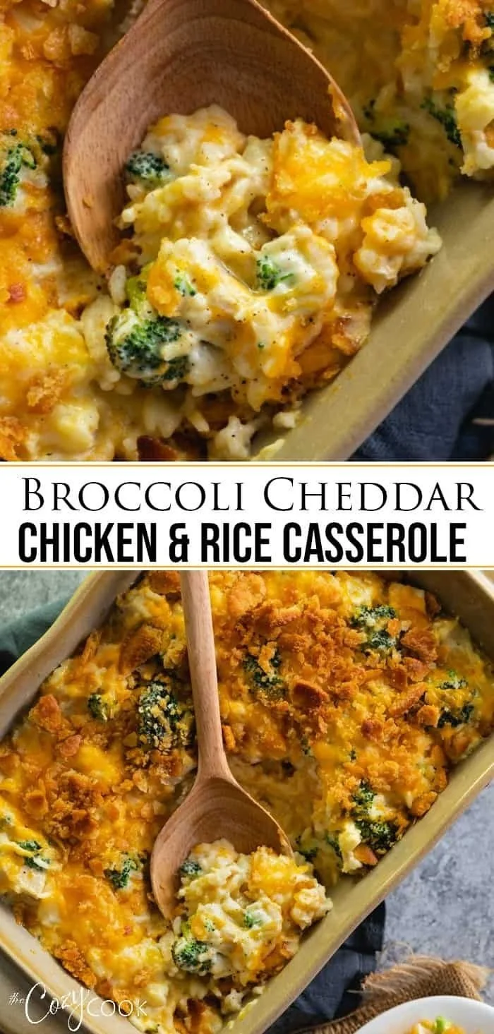 Broccoli cheddar chicken rice casserole baked in a dish, ready to serve