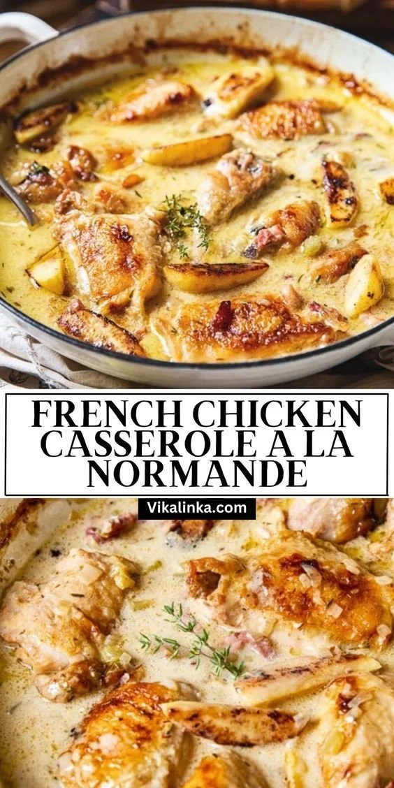 Delicious French chicken casserole with chicken thighs braised in creamy apple sauce