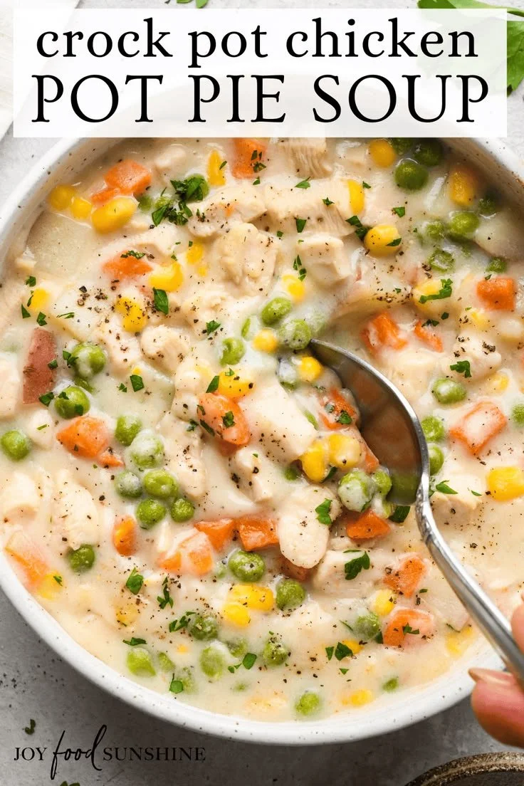 Slow cooker chicken pot pie soup made from scratch with no canned ingredients