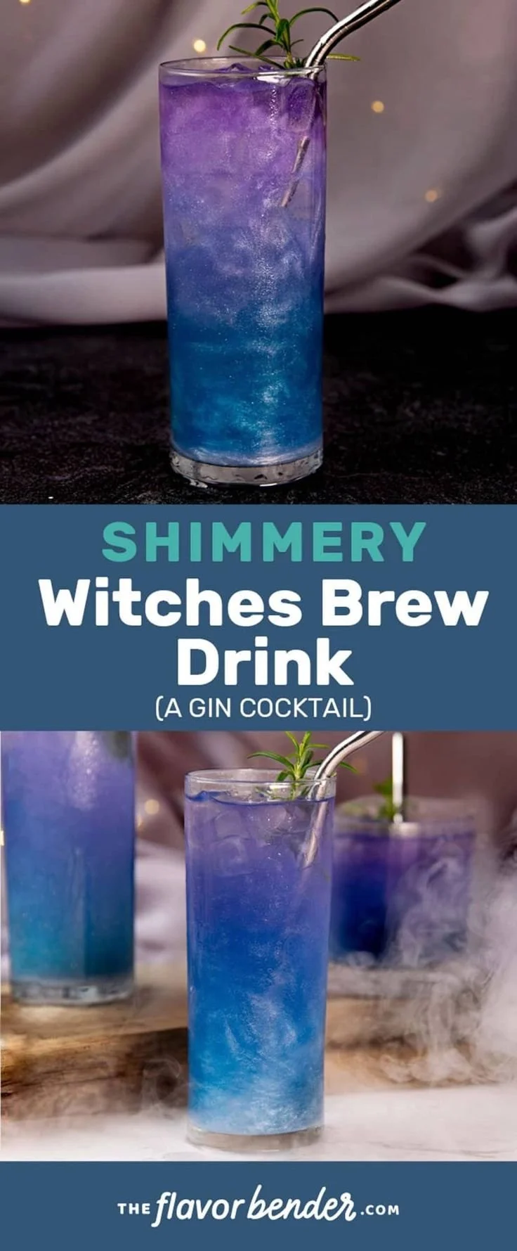 A stunning blue witches brew cocktail garnished with spooky decorations for Halloween.