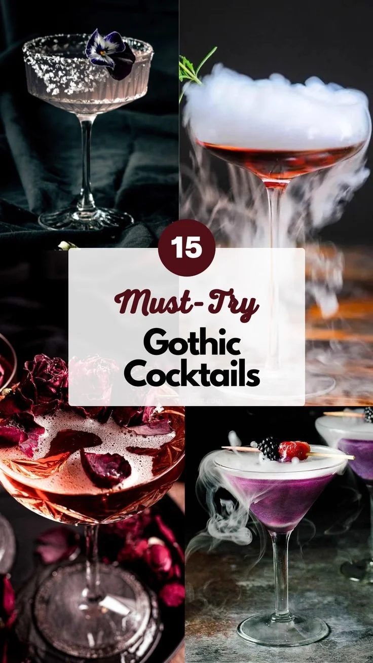 A selection of dark and mysterious Gothic Cocktails in elegant glasses.