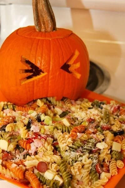 Delicious pumpkin pasta salad loaded with fall flavors and colorful ingredients.
