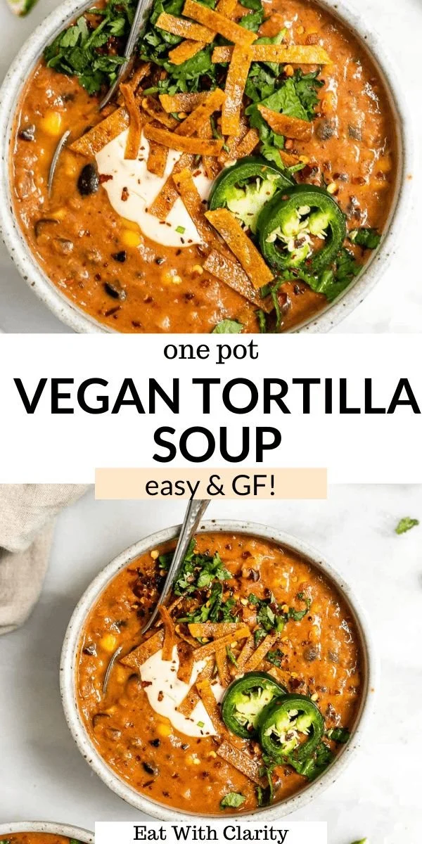 Creamy vegan lentil tortilla soup in a bowl garnished with fresh cilantro.