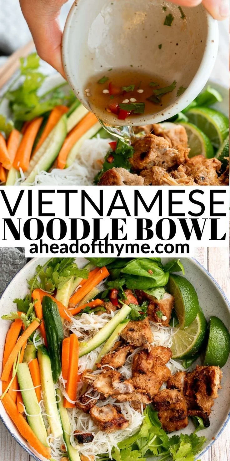 A vibrant Vietnamese Noodle Bowl filled with fresh herbs, noodles, and vegetables.