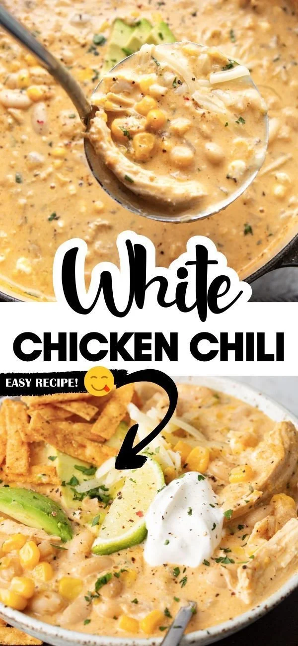 Delicious bowl of White Chicken Chili garnished with cilantro and lime