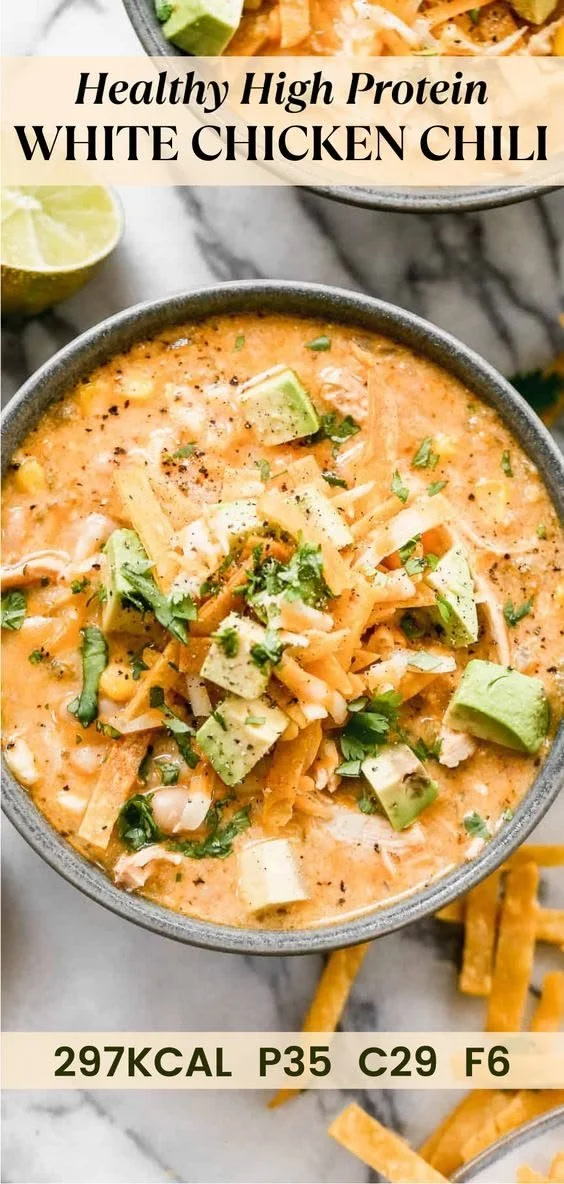 Delicious bowl of white chicken chili garnished with cilantro