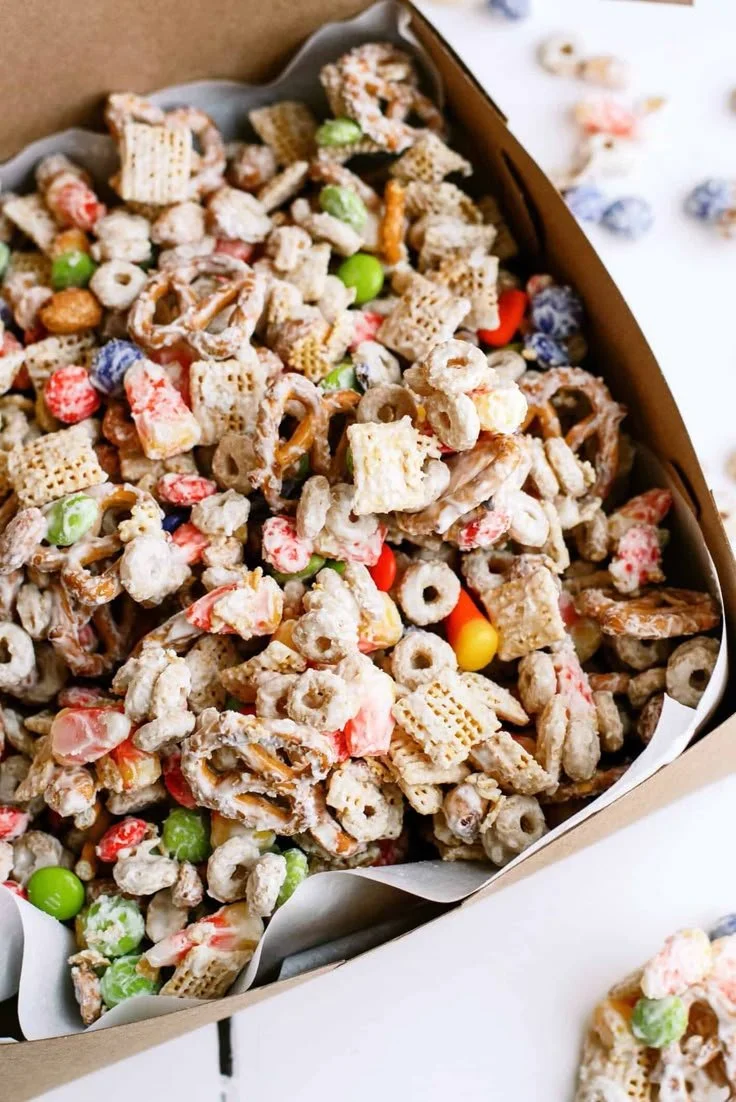 Delicious White Chocolate Monster Munch Chex Mix served in a bowl.